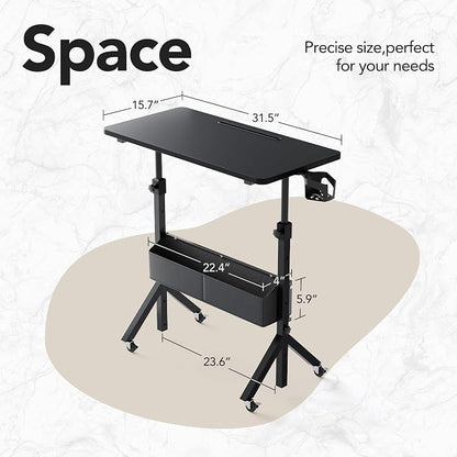 HUANUO Portable Standing Desk Adjustable Height, Mobile Stand Up Desk for Walking Pad and Treadmill, Rolling Computer Table with Wheels, 31.5"x15.75" Height 28.7"-46.1", Black