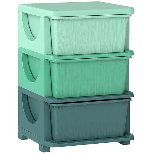 Qaba 3 Drawers Kids Storage Unit, 3 Tier Stackable Toy Organizers and Storage Chest for Bedroom, Nursery, Playroom, Living Room, Boys, Girls, Toddlers, Green