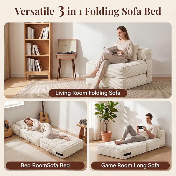 Folding Sofa Bed, Convertible Sleeper Chair with Pillow Foldable Mattress with Back Support, Portable Fold Out Chair Bed Comfy Floor Couch Lounge for Living Room Bedroom Apartment Single