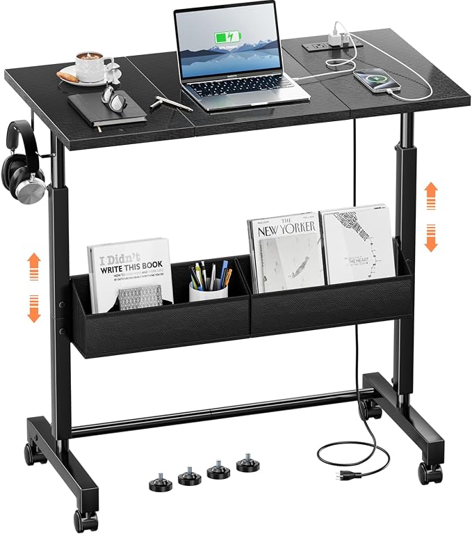 Small Mobile Standing Desk: 5-in-1 Charging Station - Power 5 Devices | Move & Charge in Any Room, Sit-Stand or Walk While Working, Store Supplies in Side Bags, Fits Small Spaces & Treadmills