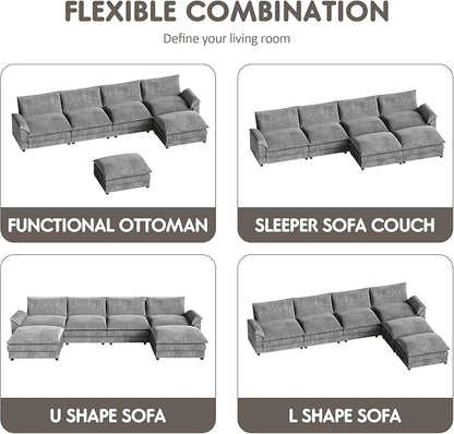 Homall 159" Modular Sectional Sofa, U Shaped Sofa Couch with Reversible Ottoman, DIY Combination Chenille Deep 4-Seat Cloud Couch for Living Room, Apartment (Light Grey, U Shaped Sofa)