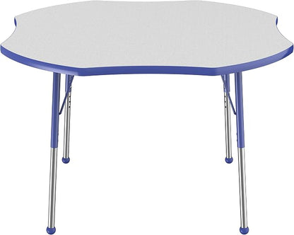 FDP Clover Activity School and Office Table (48 x 48 inch), Standard Legs with Ball Glides for Collaborative Seating Environments, Adjustable Height 19-30 inches - Gray Top and Blue Edge