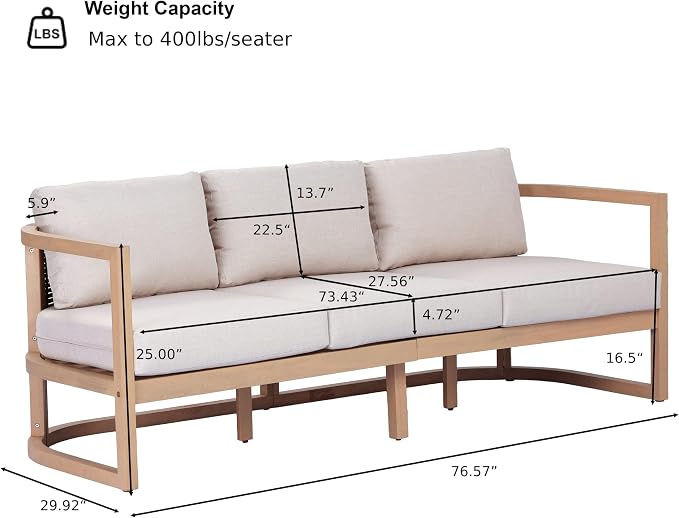 Merax Outdoor All-Weather Acacia Wood 3 Seater Sofa with Cushion and Deep Seat, Patio Sofa Daybed with Sturdy Base for Porch, Lawn, Backyard, Balcony, Light Teak