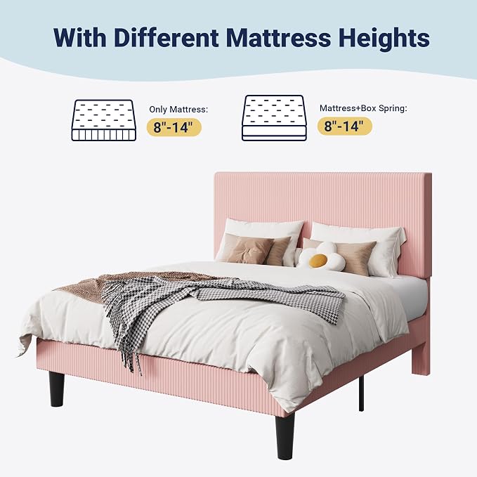 Allewie Queen Size Upholstered Bed Frame with Vertical Channel Tufted Headboard, Soft Corduroy Fabric Platform Bed, Strong Wooden Slats Support, Easy Assembly, No Box Spring Needed, Light Pink