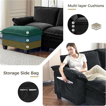 KKL Large J-Shaped Modular Sectional Sofa, 9 Seater Cloud Couch with Ottoman, Chenille Sectional Couches for Living Room, Apartment, Black