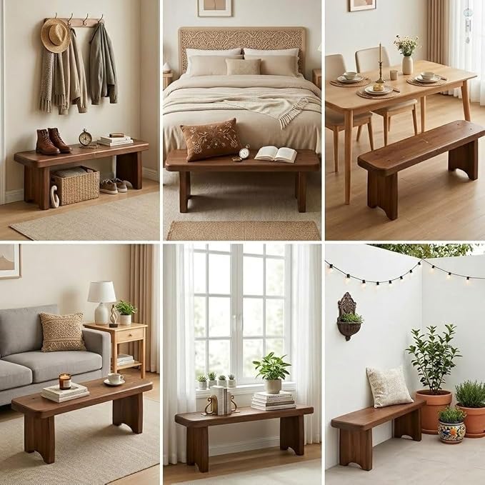 Entryway Bench, 24" to 59" Solid Wood Bench, Wooden Shoe Bench for Entryway, Farmhouse End of Bed Bench for Bedroom, Dining Room, Kitchen, Window Seat, Outdoor Garden Bench Seat