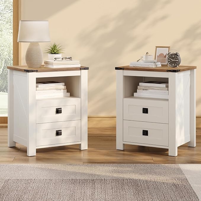 AMERLIFE 3-piece Farmhouse Bedroom Furniture Set, Includes 1 Queen LED Platform Bed Frame with Bookcase Storage Headboard & Charging Station, and 2 Nightstands with Drawers, Distressed White