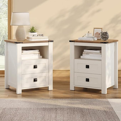 AMERLIFE 3-piece Farmhouse Bedroom Furniture Set, Includes 1 Queen LED Platform Bed Frame with Bookcase Storage Headboard & Charging Station, and 2 Nightstands with Drawers, Distressed White
