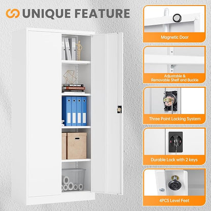 Metal Garage Storage Cabinets with Lock, 71" Tall Tool Cabinet with 2 Door and 4 Adjustable Shelves, Locking Garage Cabinets and Lockable Steel Locker for Home Office Warehouse - (White-71”H)