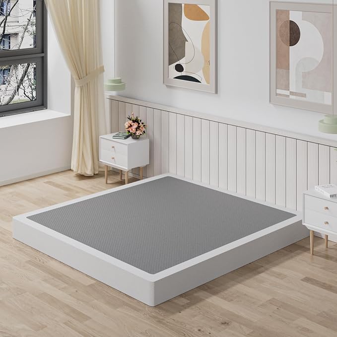 Tyndall Box Spring King Bed Base, 7 Inch High Metal King Size Box Spring Only, Heavy Duty Mattress Foundation with Fabric Cover, Easy Assembly, Quiet Noise Free, Black