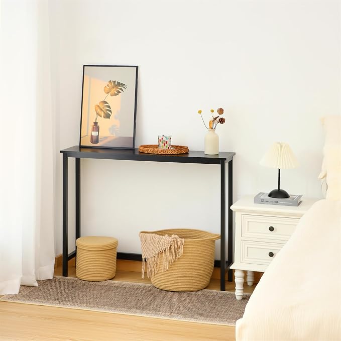 Bamboo Narrow Console Table, 39.4"(L) Wood Small Entryway Table, Accent Slim Hallway Tables, Thin Sofa Side Tables for Hallway, Living Room, Bedroom, Foyer, Black
