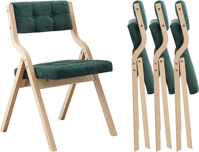 4-Pack Folding Dining Chairs with Cushion,Padded Foldable Dining Chairs,Portable Wooden Folding Chairs with Tufted Buttons Seat for Dining Rooms Kitchen Wedding and Party Indoor Green