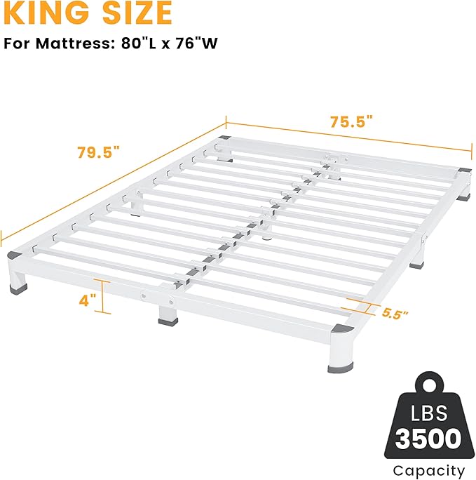 4 Inch King Bed Frame, Metal Platform Bed Frame with Round Corner Legs, 3500 lbs Heavy Duty Steel Slats Support, No Box Spring Needed, Noise Free, Easy Assembly, White