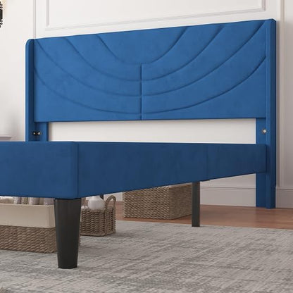 VECELO Queen Bed Frame Upholstered Platform with Fabric Headboard,Wooden Slats Support/No Box Spring Needed/Mattress Foundation,Dark Blue