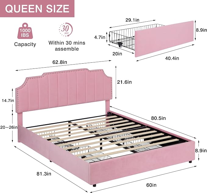 VECELO Queen Upholstered Platform Bed Frame with 4 Storage Drawers,Velvet Vintage Queen Bed with Nailhead Trim,Tufted Height Adjustable Headboard,Wooden Slats/No Box Spring Needed/Easy Assembly