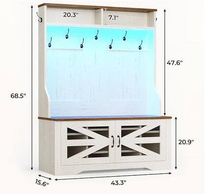 Itaar Hall Tree with Bench and Shoe Storage, 5-in-1 Entryway Bench with Coat Rack, 10 Shoe Cubbies & 9 Coat Hooks, Barn Door & Adjustable Shelf (White)