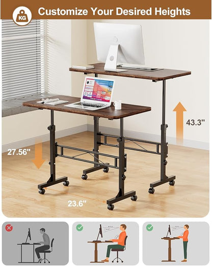 Amztabler Small Standing Desk Adjustable Height, Mobile Stand Up Desk with Wheels, 32 Inch Portable Rolling Desks Conference Room Tables for Walking Pad Treadmill Wood Rustic