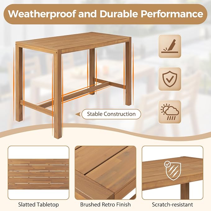 Quarte 5-Piece Acacia Wood Patio Bar Set, Rustic Outdoor Dining Table & Chairs, All-Weather Solid Wood Slatted Tabletop, Space-Saving for Garden, Patio, or Balcony (Light Teak-5)