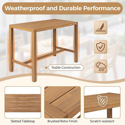 Quarte 5-Piece Acacia Wood Patio Bar Set, Rustic Outdoor Dining Table & Chairs, All-Weather Solid Wood Slatted Tabletop, Space-Saving for Garden, Patio, or Balcony (Light Teak-5)