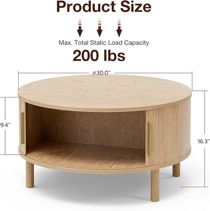 ZttRiee Round Coffee Table with Sliding Doors, Modern, Natural | Ø30.0"D x 16.3"H, 200 lbs capacity, dual sliding-door storage, ~45 min assembly.