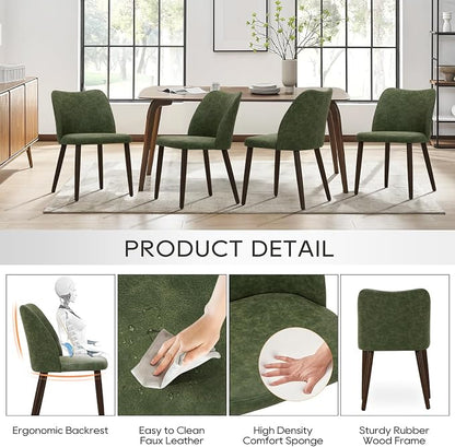 COLAMY Dining Chairs Set of 2, Upholstered Leather Kitchen Chairs with Curved Back, Padded Seat and Solid Wood Legs, Modern Dining Chair for Kitchen Dining Room, Green