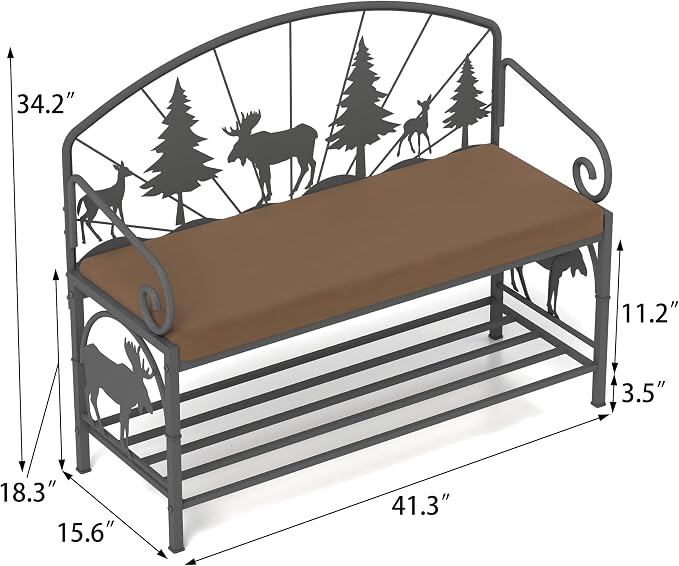 Bluecat 41.3" Entryway Shoe Bench,Rustic Metal with Forest Design, Padded Cushion Shoe Rack Bench for Hallway, Foyer, Cabin, Farmhouse Decor, Easy Assembly
