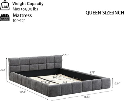 Merax Queen Size Elegant Chenille Upholstered Platform Bed with Thick Headboard and Footboard, Checkerboard Design Upholstery Grounded Bed Frame, Gray