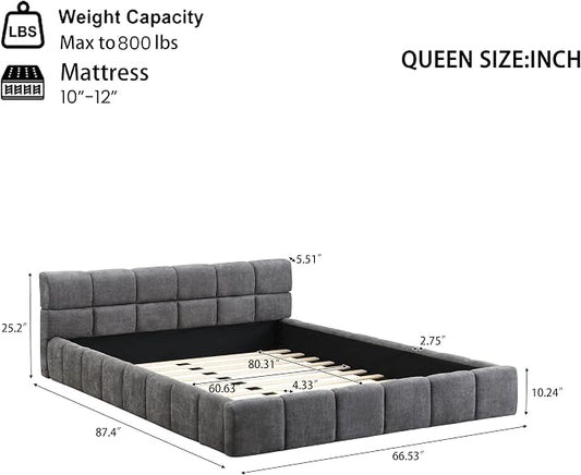 Merax Queen Size Elegant Chenille Upholstered Platform Bed with Thick Headboard and Footboard, Checkerboard Design Upholstery Grounded Bed Frame, Gray