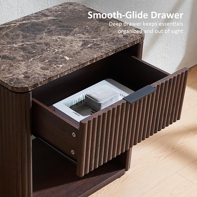 Fluted Nightstand with Faux Marble Top, Modern Bedside Table | FSC-Certified Engineered Wood, 24" H, 1 Drawer and 1 Storage Shelf, Rounded Corner, Metal Handle, for Bedroom, Dark Oak
