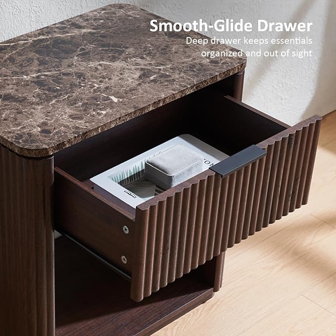 Fluted Nightstand Set of 2, 23" W Night Stand with Drawer, Wood Bed Side Table with Faux Marble-Top, Curved Corner, Metal Handle, Modern Bedside Table for Bedroom, Living Room, Office, Dark Oak
