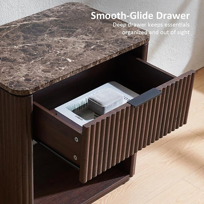 Fluted Nightstand Set of 2, 23" W Night Stand with Drawer, Wood Bed Side Table with Faux Marble-Top, Curved Corner, Metal Handle, Modern Bedside Table for Bedroom, Living Room, Office, Dark Oak