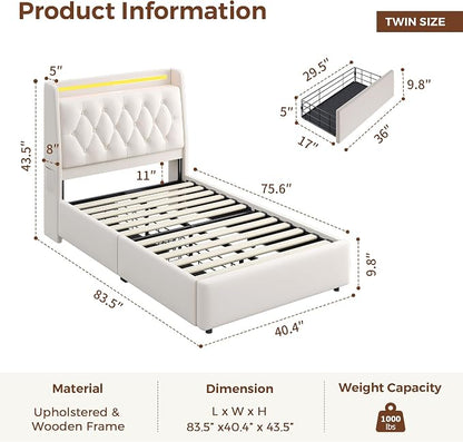 Twin LED Velvet Bed Frame with 2 Storage Drawers&Hidden Headboard, Upholstered Platform Bed with Charging Station&Button Tufted Design, Wooden Slats Support, Box Spring Optional, Easy Assembly, Beige
