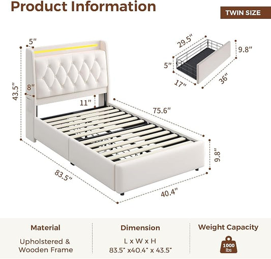 Twin LED Velvet Bed Frame with 2 Storage Drawers&Hidden Headboard, Upholstered Platform Bed with Charging Station&Button Tufted Design, Wooden Slats Support, Box Spring Optional, Easy Assembly, Beige