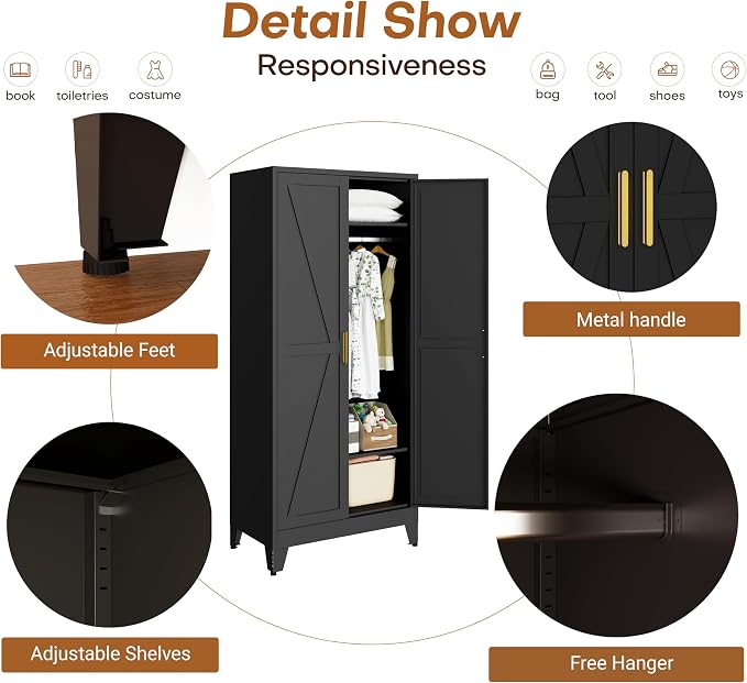 71 "H Wardrobe Closet with Doors, Metal Wardrobe Cabinet with 2 Doors and 2 Adjustable Shelves, Armoire Wardrobes Closet with Hanging Rod, Closets for Bedroom, Laundry Room, Black