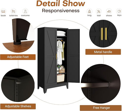 71 "H Wardrobe Closet with Doors, Metal Wardrobe Cabinet with 2 Doors and 2 Adjustable Shelves, Armoire Wardrobes Closet with Hanging Rod, Closets for Bedroom, Laundry Room, Black
