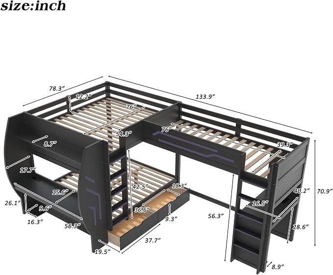 Twin&Full Over Full Triple Bunk Bed with Desk and Storage Drawers & LED,Charging Station,Solid Wood L-Shaped 3 Gaming Bunk Bed with Ladder,Guardrail,No Box Spring Needed (Black,Twin & Full Over Full)