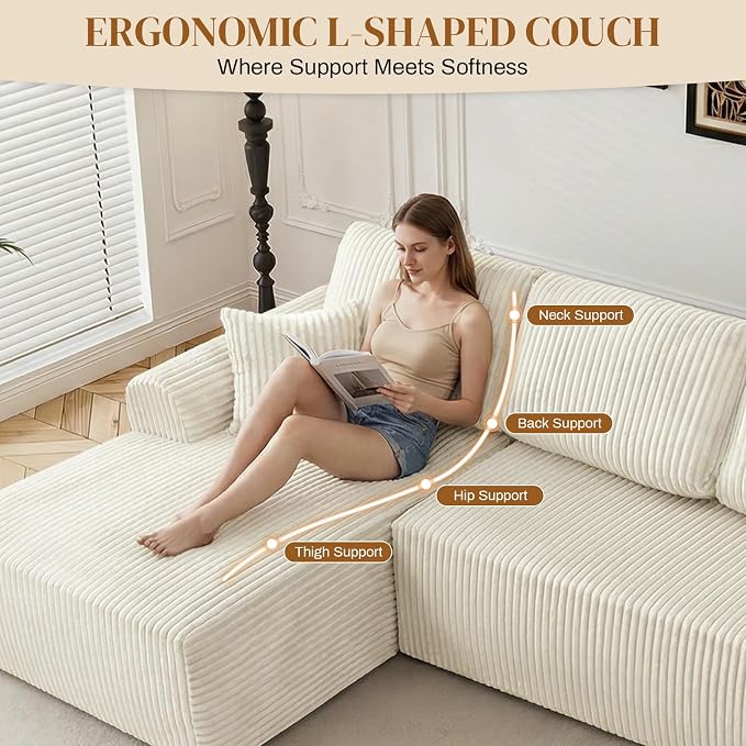110" L Shaped Boneless Sectional Couches for Living Room, Comfy Corduroy Floor Cloud Sofa with Chaise, Wide Armrest, Deep Seat, Memory Foam, Assembly Free, Ideal for Small Spaces, Beige