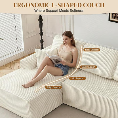 110" L Shaped Boneless Sectional Couches for Living Room, Comfy Corduroy Floor Cloud Sofa with Chaise, Wide Armrest, Deep Seat, Memory Foam, Assembly Free, Ideal for Small Spaces, Beige