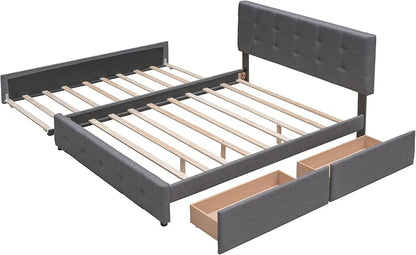Ball & Cast Queen Bed Frame with 2 Drawers and 1 Twin XL Trundle, Linen Upholstered Platform Bed Frame Queen Size with Button Tufted Headboard & Wood Slats Support,No Box Spring Needed,Dark Gray