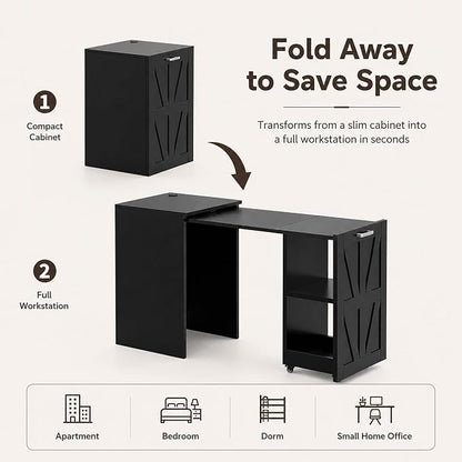 Foldable Desk with Charging Station, Rolling Computer Desk with Storage Shelf for Small Spaces, Pull-Out Home Office Table for Bedroom, Apartment, Dorm, Black
