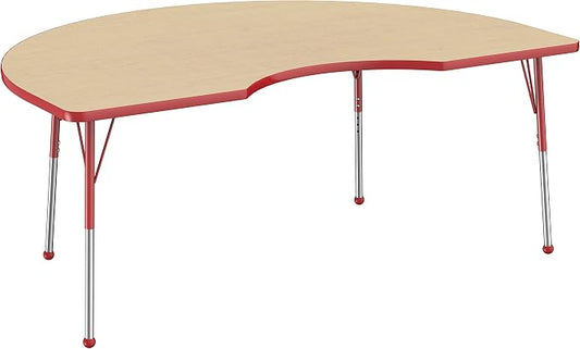 FDP Kidney Activity School and Office Table (48 x 72 inch), Standard Legs with Ball Glides for Collaborative Seating Environments, Adjustable Height 19-30 inches - Maple Top and Red Edge