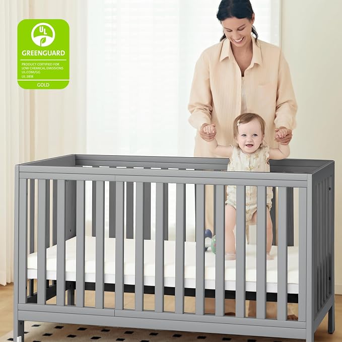 MAMAZING EvoNest Baby Crib, 11 in 1 Convertible Crib with Wheels, 100% New Zealand Wood Growing Bed, Full Size Crib for Baby, 4 Adjustable Mattress Height, Grey