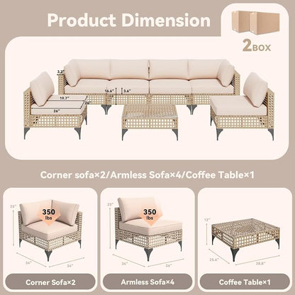 U-MAX 7-Piece Patio Furniture Set with Tea Table, Boho Outdoor Furniture Set Sectional Sofa Wicker Conversation Set with Light Brown Rattan&Beige