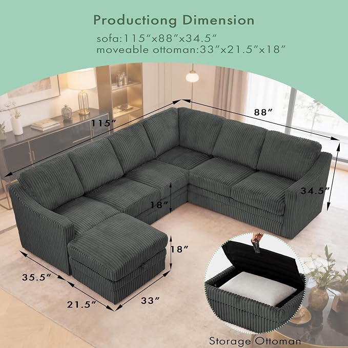 115" Corduroy Sectional Sofa with Storage Ottoman, Modern 7 Seats Corner Couch with Deep Seats, Comfy Modular U Shaped Couch with Comfortable Cushions for Living Room, Grey