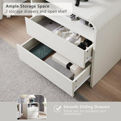 Aitjunz 25" Tall Modern Nightstand Set of 2, 23.6'' Wide Wood Bedside Table w/2 Storage Drawers, Charging Station, Mid Century End Table for Bedroom, Living Room,Curved Profile Design, Antique White