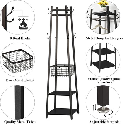 VECELO Coat Rack Freestanding,Hall Tree with Metal Basket and Storage Shelves,Industrial Coat Rack Stand with 8 Hooks for Hanging Coats/Hats/Bags/Umbrellas,18 x 18 x 72 In,Matte Black