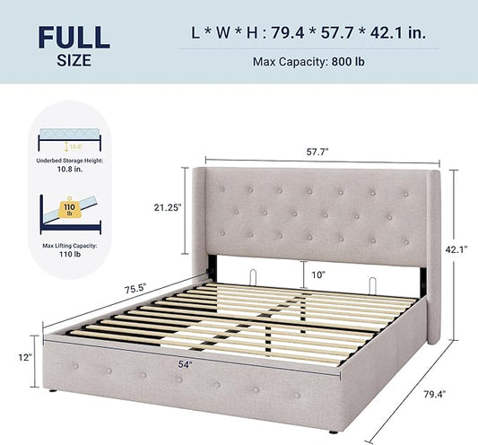 Allewie Full Size Lift Up Storage Bed, Button Tufted Headboard with Wingback, Hydraulic Support, No Box Spring Needed, Light Beige