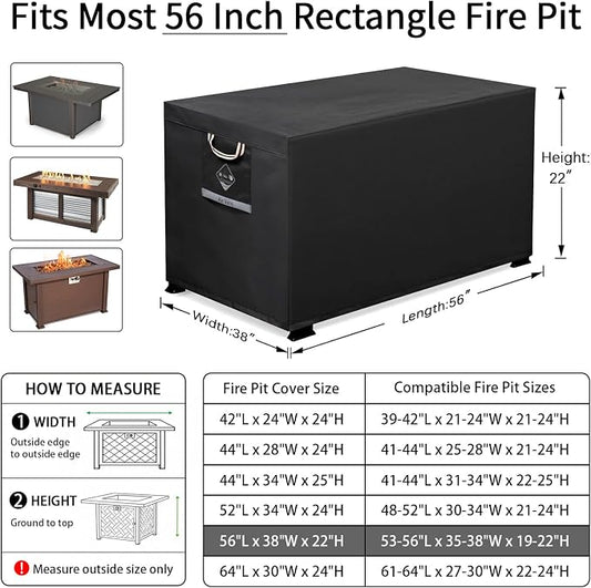 QH.HOME Fire Pit Cover Rectangle Super Waterproof 56" L x 38" W x 22" H, UPF 50+ Outdoor Fire Pit Table Cover 600D Strong Tear Resistant and Fading Resistant for Rectangular Fire Pit - Black