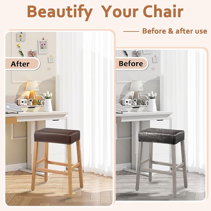 PU Leather Bar Stool Covers Rectangular, 100% Waterproof Stool Covers Rectangle Super Stretch 20% Thicker Leather Saddle Stools Cover Rectangular Counter Bar Stools with Elastic Band (2 PCS, Coffee)