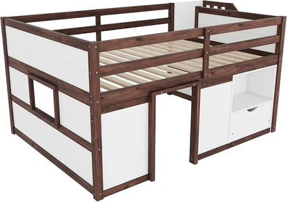 Bellemave Full Size Low loft Bed for Kids,Wood Loft Beds,Modern Farmhouse Full loft Bed,Loft Bed with Desk and Storage, No Box Spring Needed,for Kids, White + Walnut